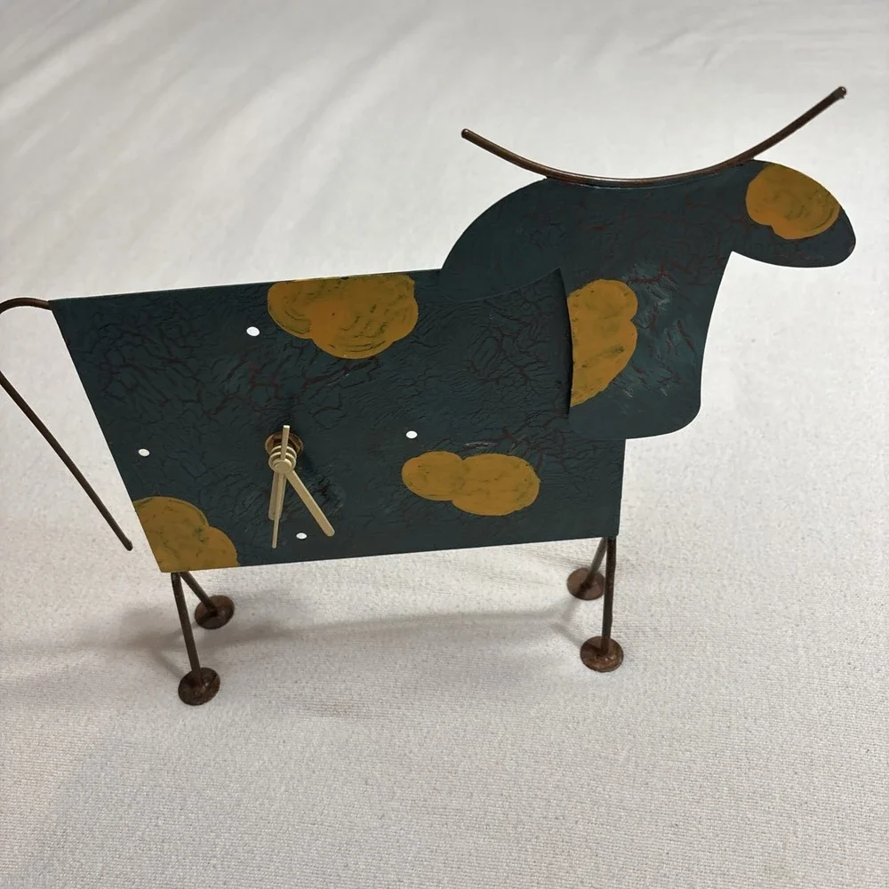 Artisan Designed Metal Cow Shaped Novelty Turquoise Shelf Clock Works